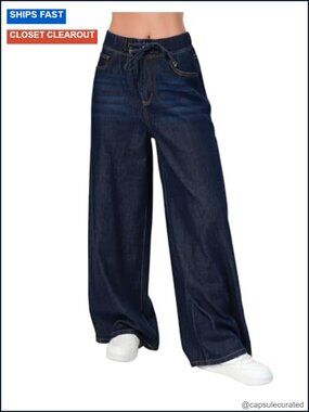 Wide Leg Jeans with Drawstring - Non-Stretch Denim, Baggy Loose Fit, High Rise,